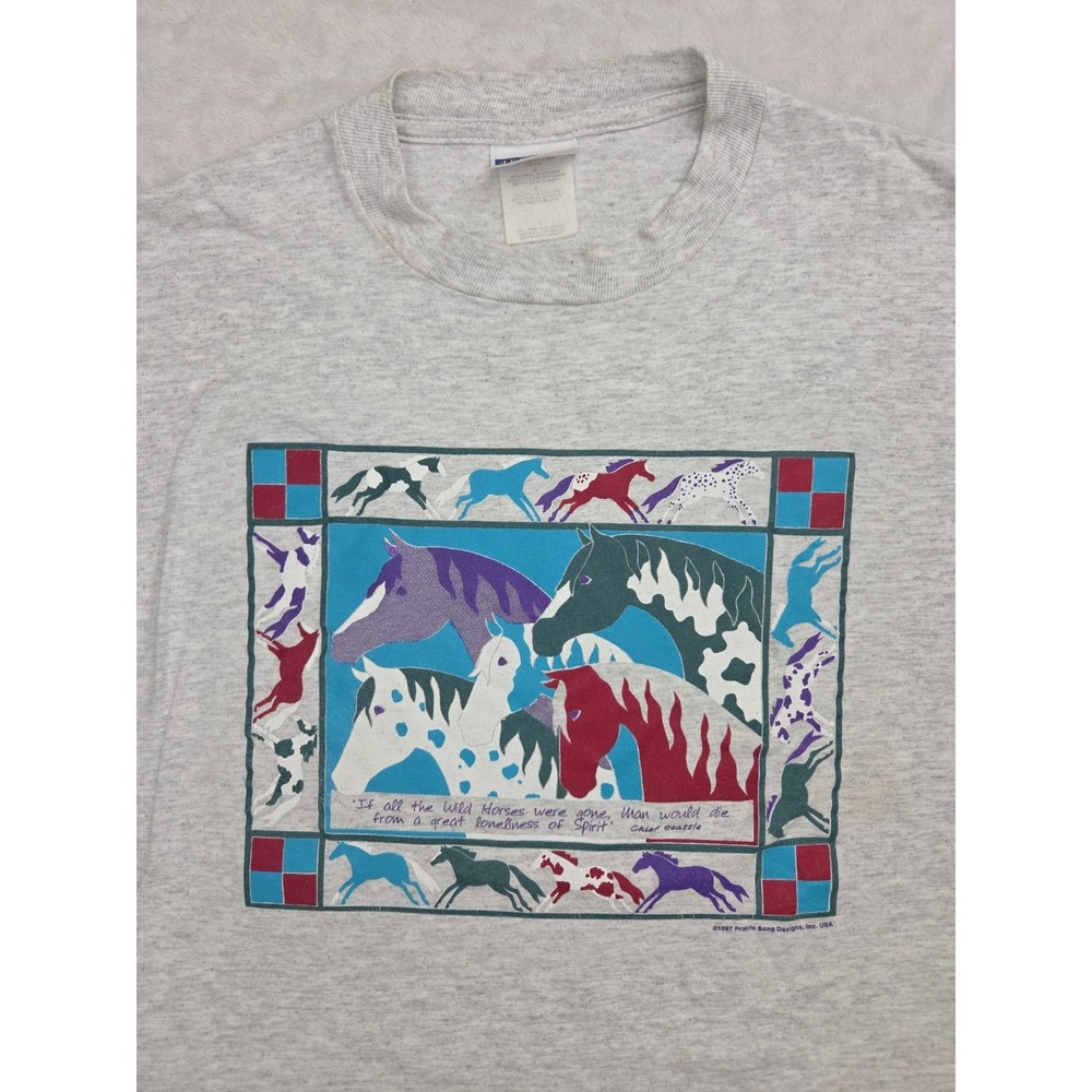 Vtg 1997 Prairie Song Graphic T-Shirt Horse Native American Western Gray Size L